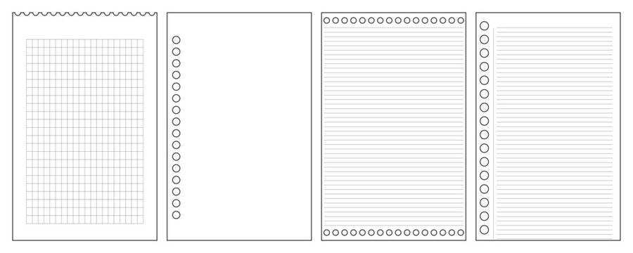 Minimalist notebook paper set with 4 vector pages, realistic lined and grid paper textures, blank spiral binder sheets for journaling and planning