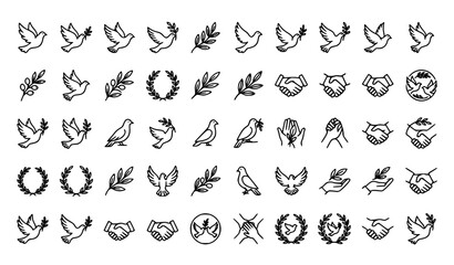 Fototapeta premium Peace Dove Olive Branch and Unity Hands Minimal Line Art Vector Collection