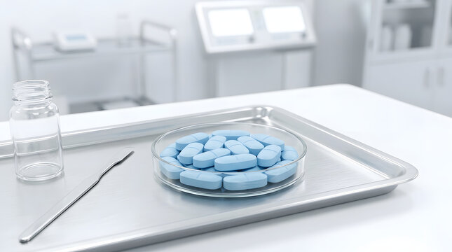 Blue Pills in Petri Dish on Stainless Steel Medical Tray