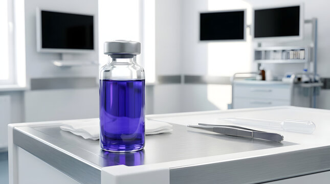 Glass Vial with Purple Liquid Medication on Medical Counter