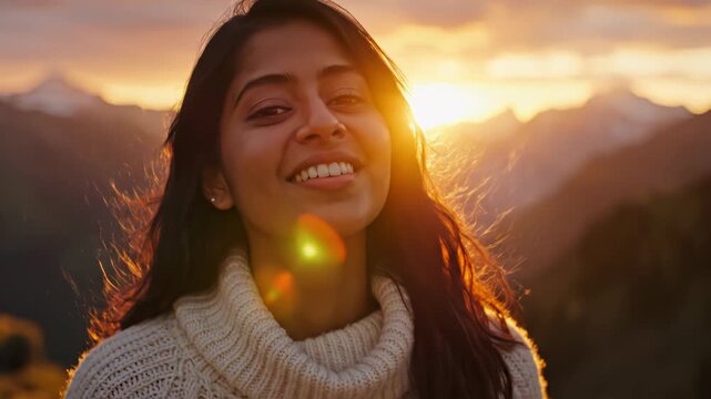 A young smiling woman with long dark hair and a light turtleneck sweater enjoys golden sunset light with mountains visible behind her and sun flare near her face. 