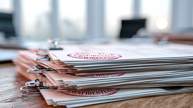 A stack of confidential paperwork highlighting business secrecy and legal documentation. Ideal for office, finance, and administration concepts.