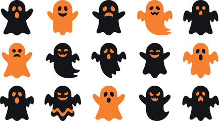 Fototapeta premium Collection of cute black and orange ghost characters for fun hallowneen party decorations and festive graphic designs