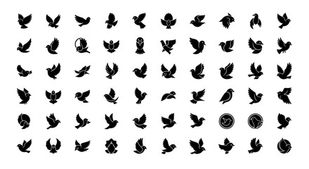 Obraz premium Silhouette Bird Icon Set: Diverse Flying and Perching Pigeons, Doves, and Abstract Shapes