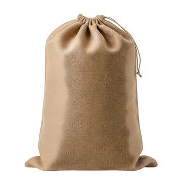 Burlap sack filled with grain or flour on neutral background