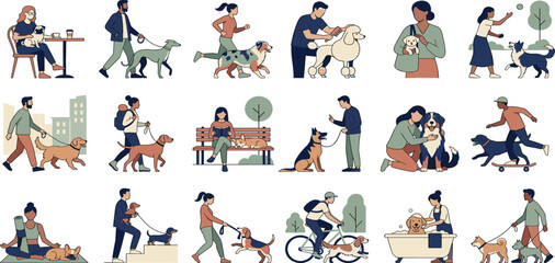 Minimalist Flat Vector Icon Set of People with Dogs featuring Outdoor Activities Walking Grooming Training and Relaxing with Diverse Pet Breeds © MdSirazul