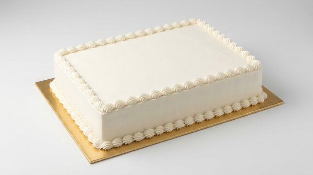 A gold board holding a blank white rectangular cake with white frosting borders, perfect for events.