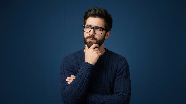 Thoughtful handsome guy with a beard and glasses looking upward, posing against a blue background.