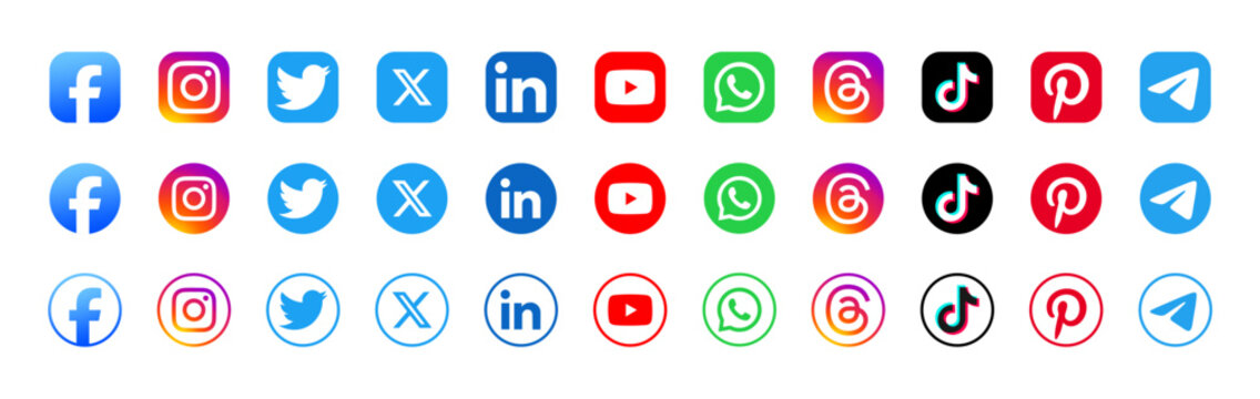 New Social media icon collection. social network logo set. Facebook, Instagram, Twitter, X , LinkedIn, YouTube, WhatsApp, Threads, TikTok, Pinterest and Telegram