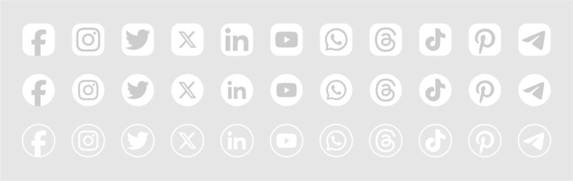 New Social media icon collection. social network logo set. Facebook, Instagram, Twitter, X , LinkedIn, YouTube, WhatsApp, Threads, TikTok, Pinterest and Telegram