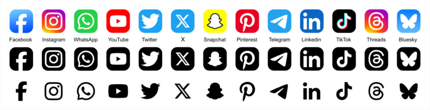 New Social media icon collection. social network logo set. Facebook, Instagram, Twitter, X , LinkedIn, YouTube, WhatsApp, Threads, TikTok, Pinterest and Telegram, bluesky