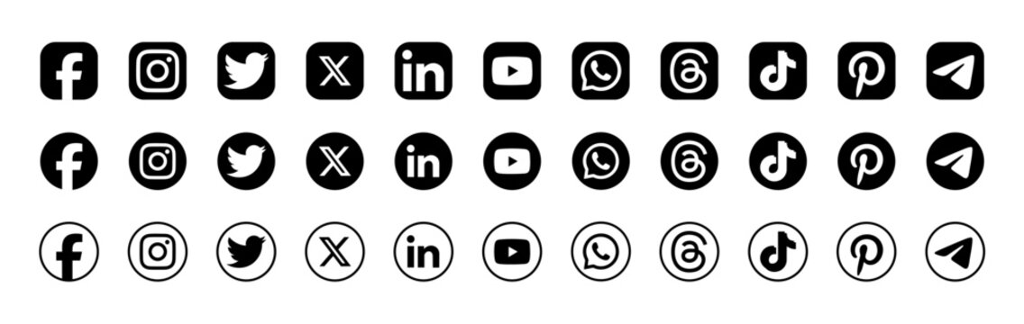 New Social media icon collection. social network logo set. Facebook, Instagram, Twitter, X , LinkedIn, YouTube, WhatsApp, Threads, TikTok, Pinterest and Telegram