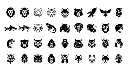 Fototapeta premium Wild Animal Head Icons Set: Lion, Tiger, Wolf, Bear, Eagle, Shark, Rhino, Cobra, Gorilla