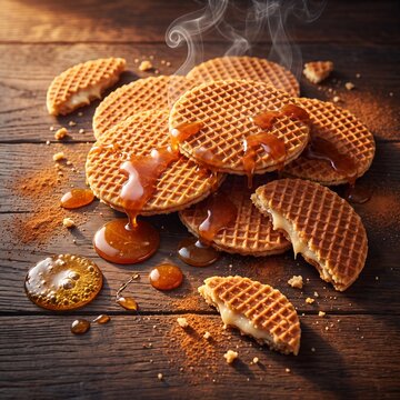 Warm macro flat lay of golden stroopwafels and dripping caramel on wood