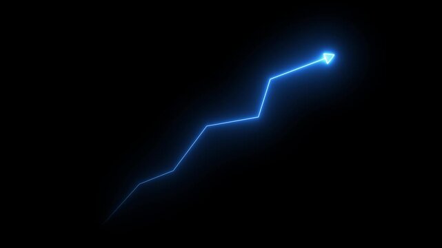 Glowing blue neon line graph rising upward, financial growth and success concept, digital data analytics animation on black background