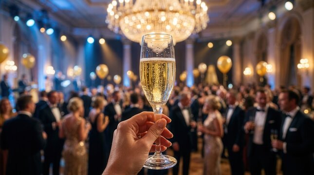 Grand ballroom award ceremony and elegant gala event featuring a champagne toast with golden balloons and bright lights.