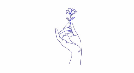 Obraz premium minimalist line art drawing of a delicate hand holding a single flower expressing natural beauty and simple elegance.