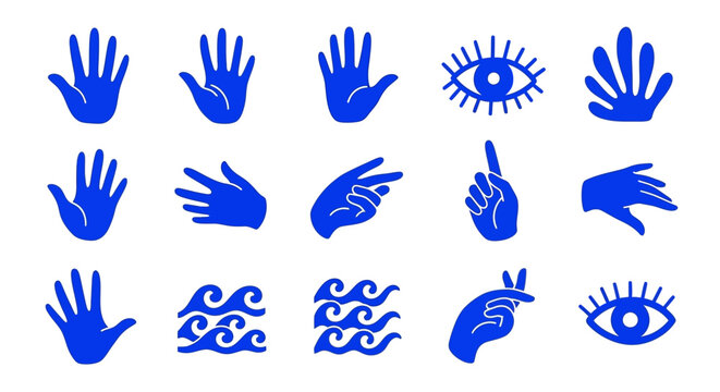 collection of minimalist blue icons with various hand gestures hamsa hand eyes and waves ideal for graphic design and spiritual themes
