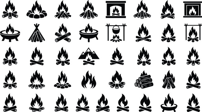 Comprehensive set of campfire and wood burning icons showing various outdoor fire pits and fireplace