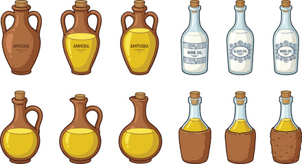 Ancient Clay Amphora and Vintage Glass Bottle Vector Set for Greek Olive Oil, Italian Wine, and Mediterranean Product Packaging Designs © Rajiya