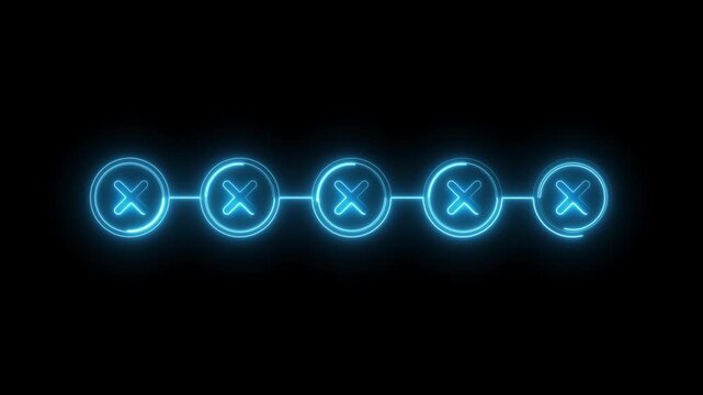 Neon blue glowing progress bar with five circular checkpoints and x markers, digital interface ui
