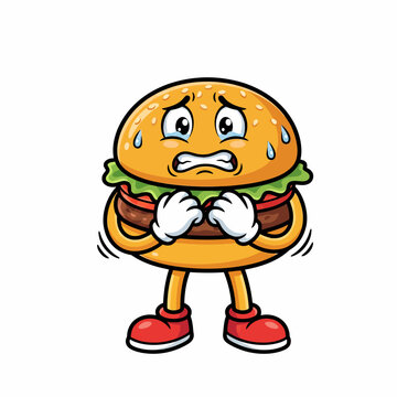 Cute Burger Affraid Mascot Cartoon Character with Thumbs Up Fast Food Vector Illustration