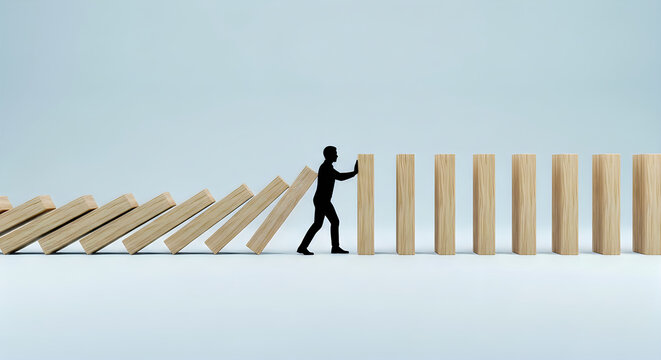 A silhouette of a businessman stopping a row of falling wooden dominoes, representing the concept of preventing a chain reaction or crisis management