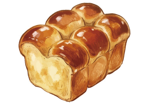 Item-style fresh baked bread illustration, elegant glossy golden wheat loaf with melted butter drips and steaming heat waves for bakery gourmet branding ／ シズル感のあるパンのイラスト
