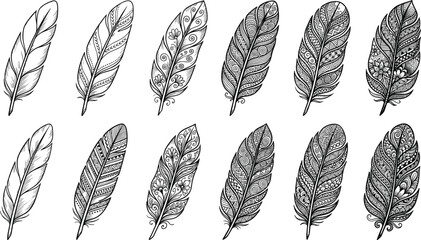 Decorative bird feather collection ranging from simple sketch style to highly detailed tribal mandala line art vectors © MstHusna