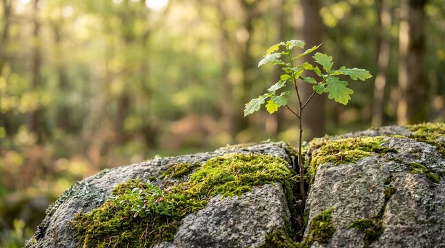 A young oak tree sapling growing through a crack in a moss-covered rock in a lush forest with soft sunlight