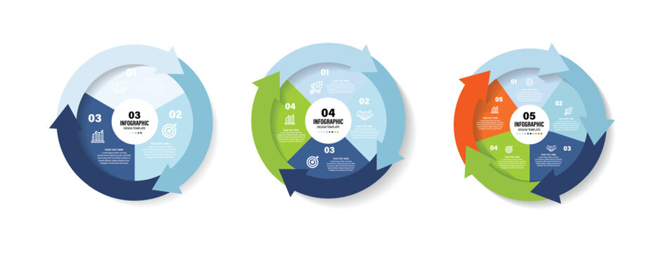 Circle arrows infographic set. Vector infographic template with 3-5 options diagram. Vector circle arrows for infographic.Template for cycling diagram,graph,cycle diagram,presentation and round chart.