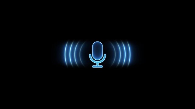 Neon glowing microphone with pulsing sound waves animation for voice recognition and audio technology