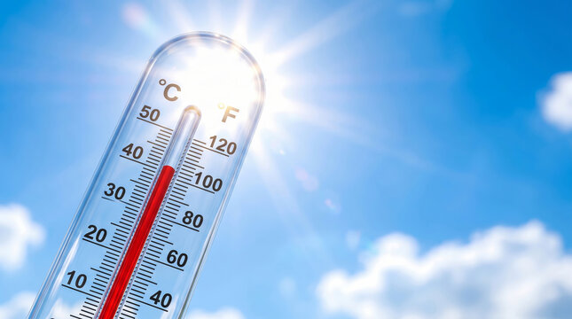 Heat wave summer crisis thermometer under bright sun blue sky concept. Extreme heatwave weather. urban climate warming drought, hot sun temperature