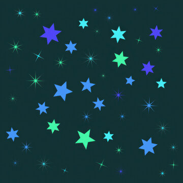 Colorful star shapes in blue green and purple on dark green canvas background transparent background