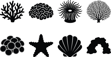 Coral Reef Marine Life Sea Anemone Seashell and Starfish Black Vector Icon Set © Hello There