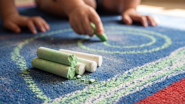 Hand of a young child holds a piece of green chalk to draw circular patterns on a textured blue carpet while other pieces of chalk lie nearby on the ground.