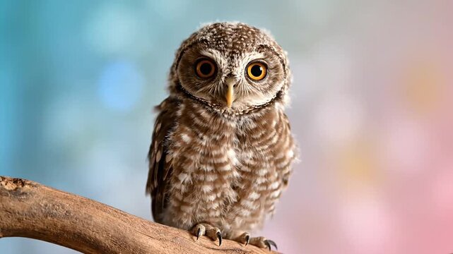 Adorable baby owl with large round eyes perched on a branch, looking forward.