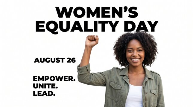 Smiling woman raises her fist in a powerful gesture, commemorating Women's Equality Day on August 26, with a strong call to empower, unite, and lead for social change.