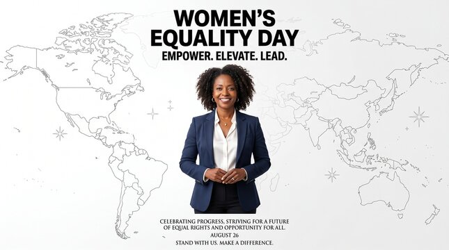 Professional woman stands confidently against a world map background, celebrating Women's Equality Day with a message to empower, elevate, and lead.