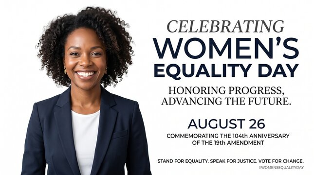 Smiling businesswoman celebrates Women's Equality Day, honoring progress and advancing the future, while commemorating the 104th anniversary of the 19th Amendment with a powerful message.