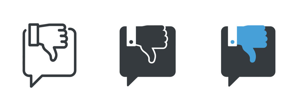 Complaint vector icon set featuring bad feedback, negative review, wrong feedback, customer dissatisfaction, issue reporting, and grievance symbols in solid, outline, and minimalist styles.