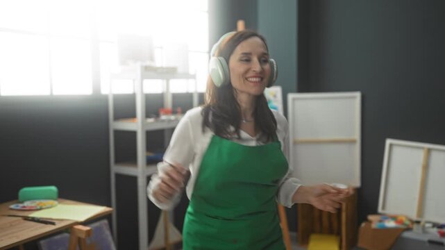 Woman painter wearing green apron and headphones holds paintbrush at easel while painting in studio; joyful creativity.
