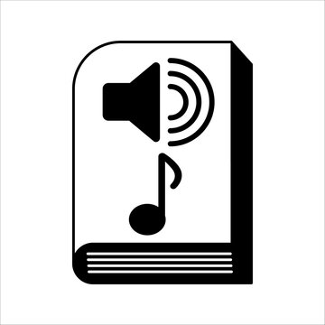 Minimalist vector icon showing a textbook with audio speaker and musical notes for online learning, podcast, and audiobook applications.