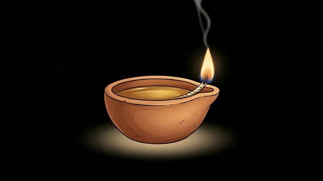 Original Two Dimensional Animated Rustic Clay Oil Lamp with Stable Golden Flame on Black Background Seamless Loop