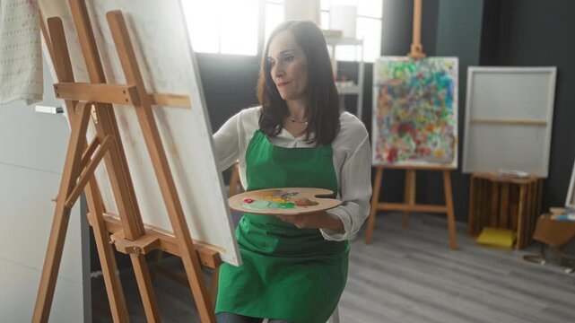Woman painter holds palette and brush with hand on canvas at easel in an art studio, wearing green apron and smiling slightly; serene concentration.