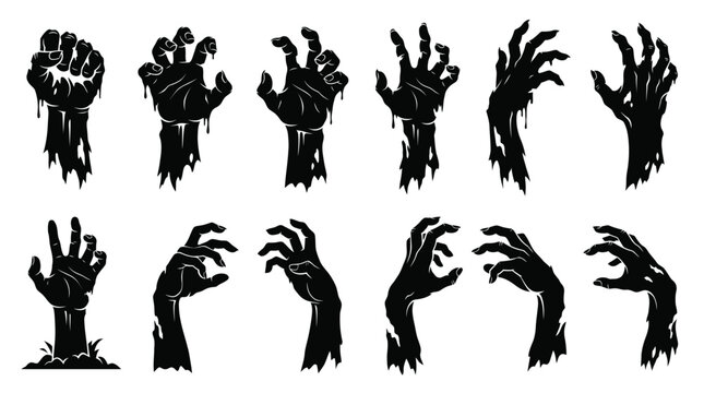 A collection of creepy zombie hands and arms in various poses and gestures in black silhouette