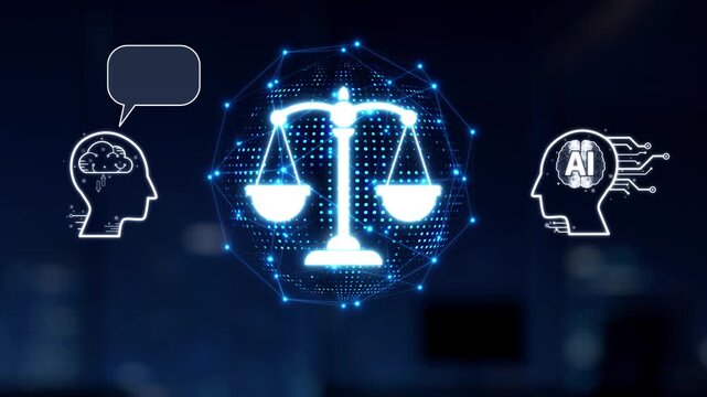 A striking depiction of a robot hand pointing at digital scales of justice, highlighting the intersection of artificial intelligence, law, and ethical considerations in modern society. Synapse