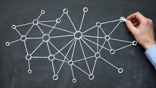 Hand drawing a network diagram on a blackboard