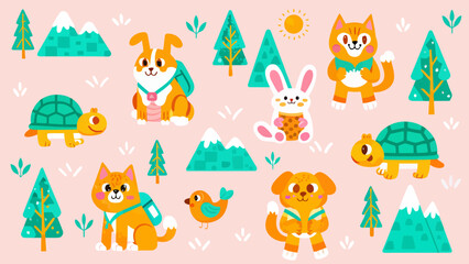 Obraz premium Cartoon animals in forest nature adventure scene pattern with adventure