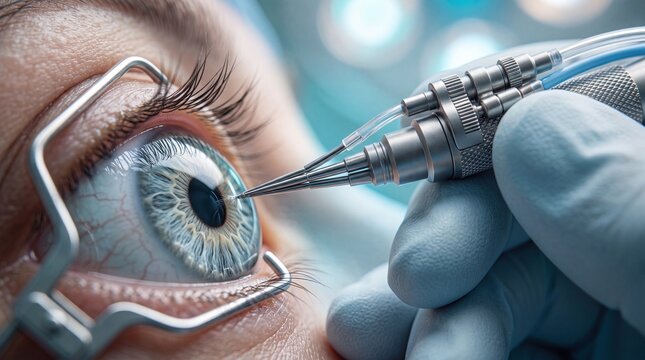 Precision ophthalmic microsurgery procedure performed on human eye with specialized medical instrument under bright